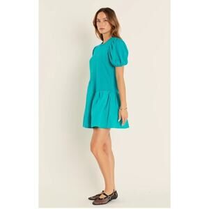 English Factory Knit Woven Mixed Media Cotton Poplin Puff Sleeve Dress Emerald S
